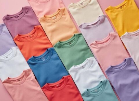 Kaos polos warna pastel dikenakan oleh pria dan wanita dengan latar outdoor cerah