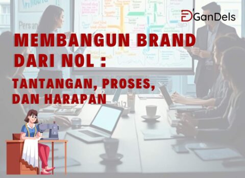 Ilustrasi orang membangun brand dari awal dengan laptop dan papan ide strategi