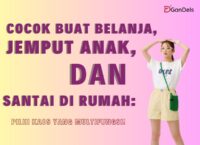 Ibu muda memakai kaos multifungsi nyaman untuk belanja dan menjemput anak