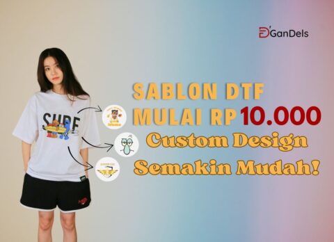 Banner promosi sablon DTF mulai Rp10.000 dengan layanan custom design mudah dan cepat di D'GanDels