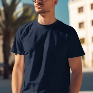 Kaos navy pendek cowok dikenakan oleh model